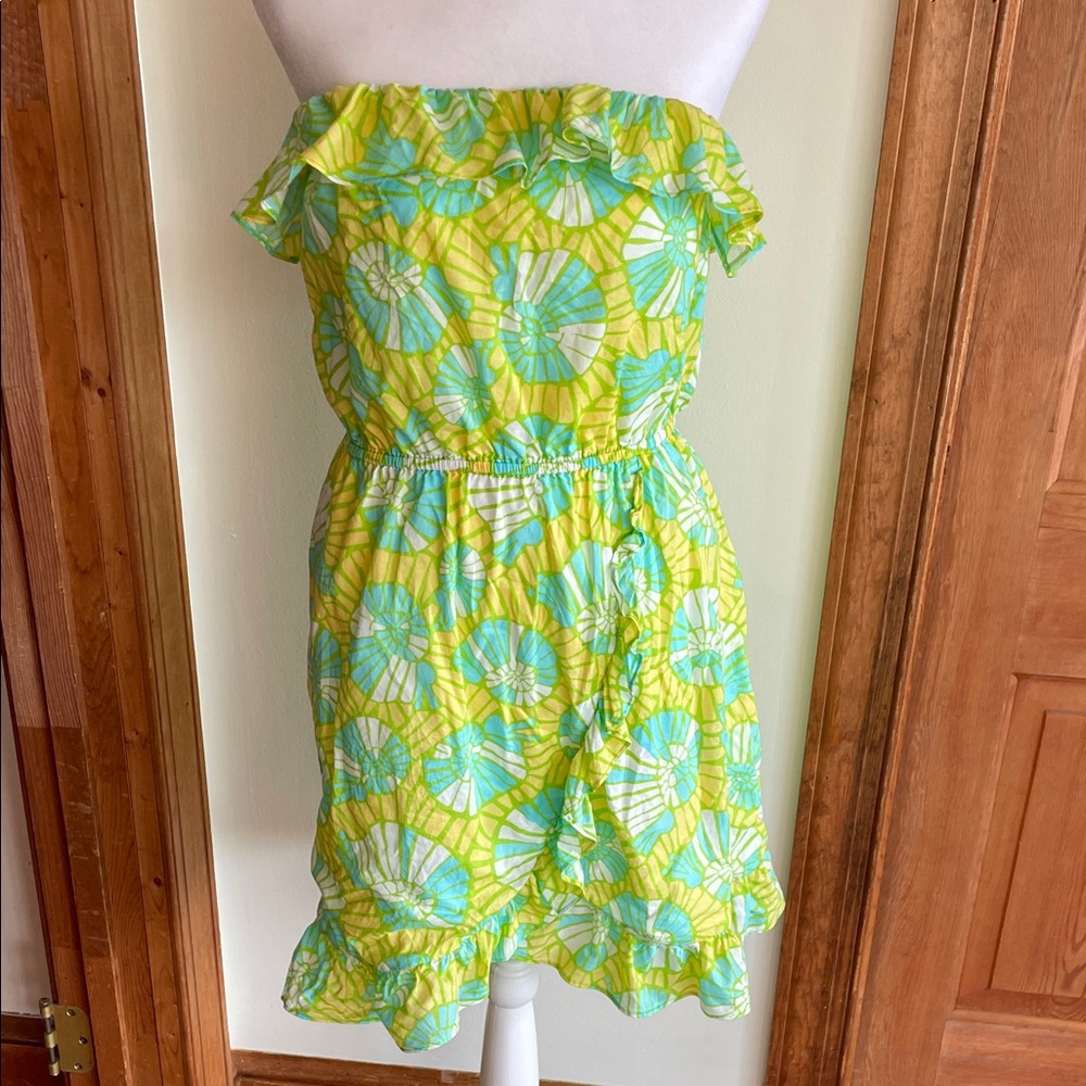 LILLY PULITZER Flor Pink Label Strapless Ruffle Mini Dress M Green Yellow VTG - Picture 5 of 17